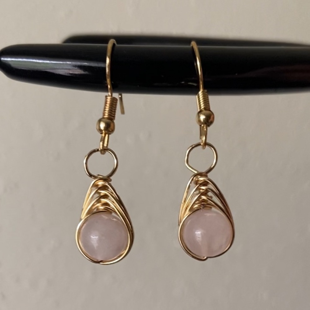 Rose Quartz gold wire wrapped earrings